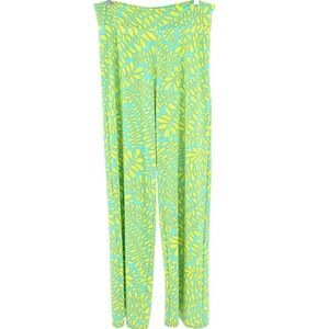 Trina Turk Womens Wide Leg Pants Turquoise Lime Green Leaf Print Size Medium